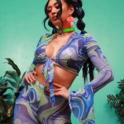 Hot & Delicious Black Bead Blue Blossom Tie-Front Long Sleeve Top