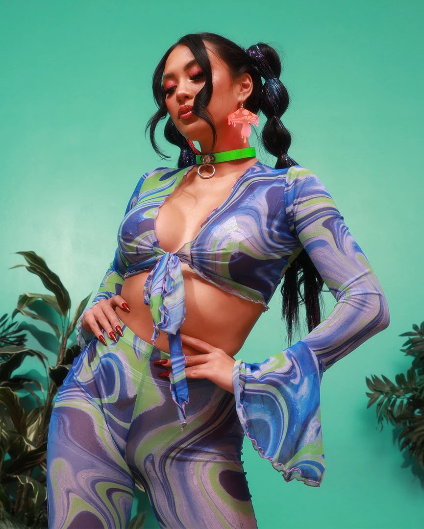 Hot & Delicious Black Bead Blue Blossom Tie-Front Long Sleeve Top 3 Hot & Delicious Black Bead Blue Blossom Tie-Front Long Sleeve Top