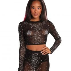 Hot & Delicious Black Bead Bling It On Rhinestone Crop Top Clothing