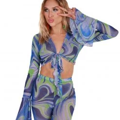 Hot & Delicious Black Bead Blue Blossom Tie-Front Long Sleeve Top 9 Hot & Delicious Black Bead Blue Blossom Tie-Front Long Sleeve Top