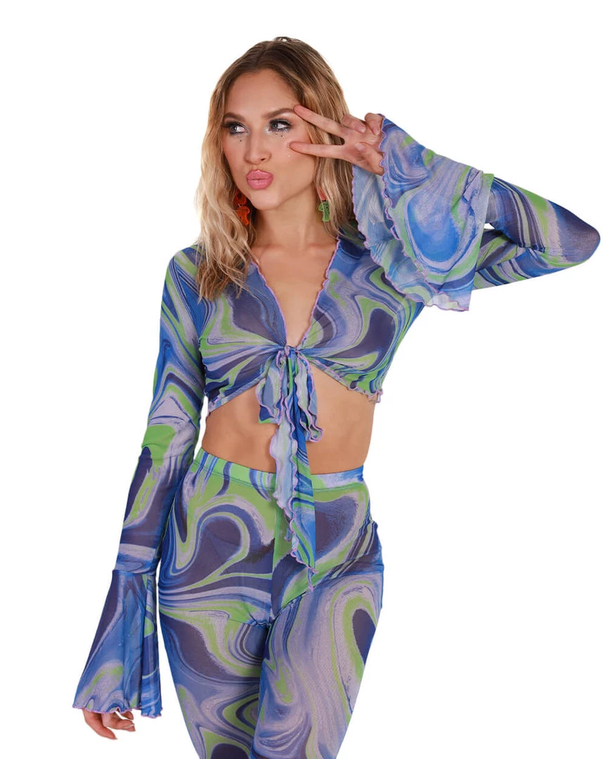 Hot & Delicious Black Bead Blue Blossom Tie-Front Long Sleeve Top 4 Hot & Delicious Black Bead Blue Blossom Tie-Front Long Sleeve Top