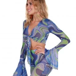 Hot & Delicious Black Bead Blue Blossom Tie-Front Long Sleeve Top 11 Hot & Delicious Black Bead Blue Blossom Tie-Front Long Sleeve Top