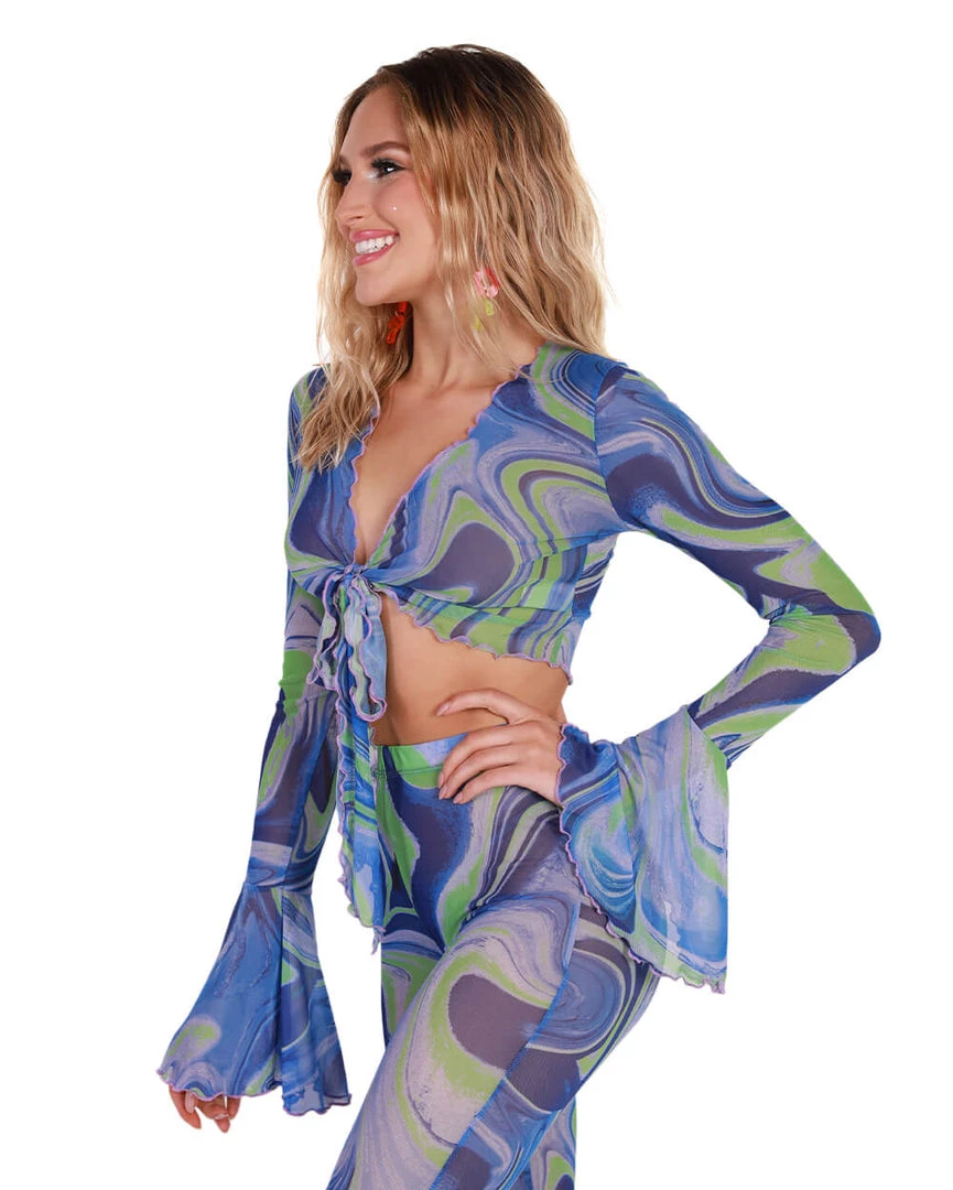 Hot & Delicious Black Bead Blue Blossom Tie-Front Long Sleeve Top 6 Hot & Delicious Black Bead Blue Blossom Tie-Front Long Sleeve Top