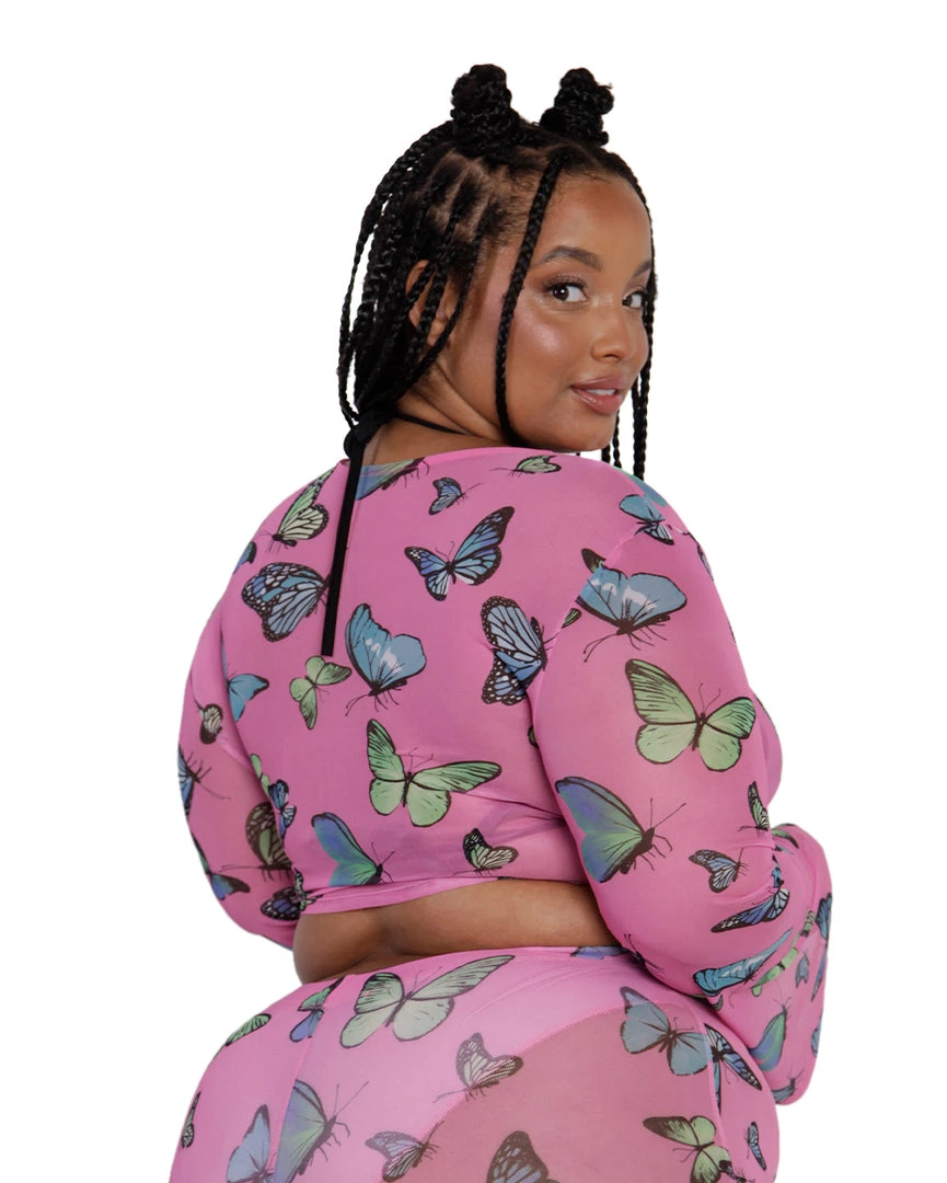 Cherry Mellow, Inc. Tops Butterfly Groove Mesh Front Tie Crop Top 16 Cherry Mellow, Inc. Tops Butterfly Groove Mesh Front Tie Crop Top