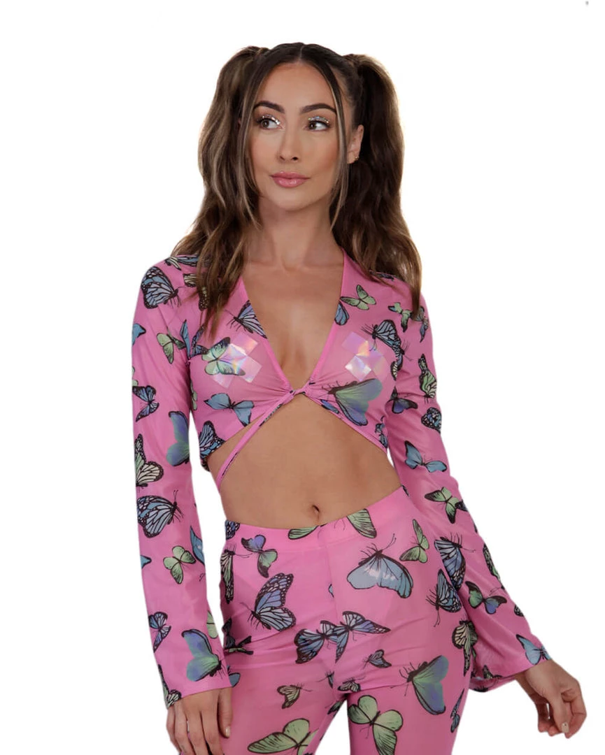 Cherry Mellow, Inc. Tops Butterfly Groove Mesh Front Tie Crop Top 3 Cherry Mellow, Inc. Tops Butterfly Groove Mesh Front Tie Crop Top