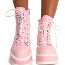 Demonia Life In Pink Holo Lace-Up Platform Boots New Arrivals