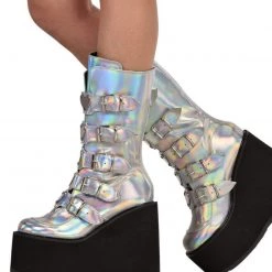 Demonia Silver Hologram Vegan Leather Boots