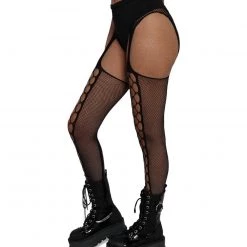 Leg Avenue Faux Lace Up Stockings With Attached Garter Belt