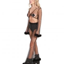 Hot & Delicious Black Bead Dresses & Sets Glamour Girl Pearl Studded Marabou Pants Set