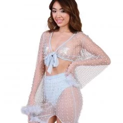 Hot & Delicious Black Bead New Arrivals Glamour Girl Pearl Studded Marabou Skirt Set