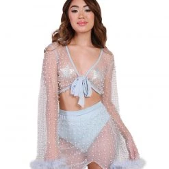 Hot & Delicious Black Bead New Arrivals Glamour Girl Pearl Studded Marabou Skirt Set