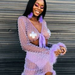 Hot & Delicious Black Bead New Arrivals Glamour Girl Pearl Studded Marabou Skirt Set