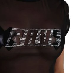 Clara Story Rave, Rave, Repeat Rhinestone Mesh Crop Top