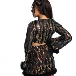 IHeartRaves Sequin Long Sleeve Tie Front Top And Skirt Set