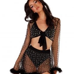 Hot & Delicious Black Bead New Arrivals Glamour Girl Pearl Studded Marabou Skirt Set