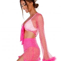 Hot & Delicious Black Bead New Arrivals Glamour Girl Pearl Studded Marabou Skirt Set