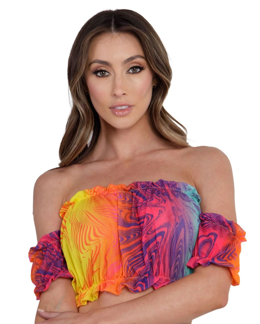 Hot & Delicious Black Bead Rainbow Sunrise Ruffled Crop Top 3 Hot & Delicious Black Bead Rainbow Sunrise Ruffled Crop Top